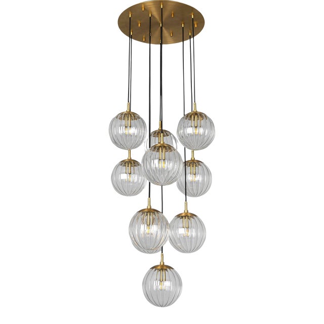 Brass & Glass Globe Cluster Chandelier, 10-Light Cascading Pendant by Schwung For Sale