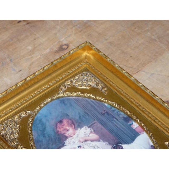 Vintage Victorian Style Girl with Dog and Puppies Print in Gilt Frame For Sale - Image 5 of 10