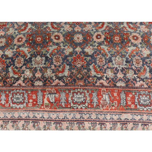 Antique Persian Bidjar Gallery Rug With Blue-Grey Field and Red Herati Design For Sale - Image 4 of 16