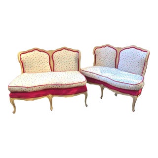 Pair of 1940s French Provincial Style Magenta Polka Dot Settees For Sale