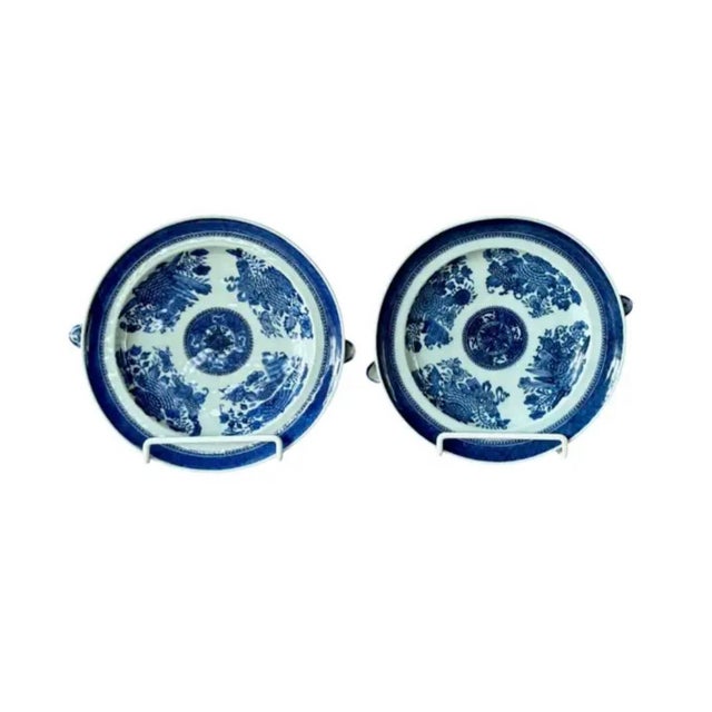 Rare Set of Four Chinese Blue and White Fitzhugh Pattern Export Porcelain Hot Plates. The Fitzhugh pattern is rendered in...