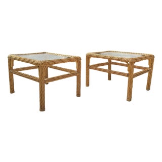 Vintage Woven Rattan End Tables With Glass Tops, Pair For Sale