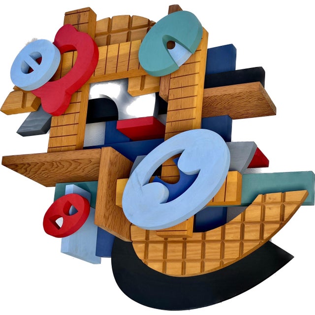 Wood John Okulick, Large Abstract Wood Sculpture Colorful Wooden Painting John Okulick Wall Hanging For Sale - Image 7 of 18