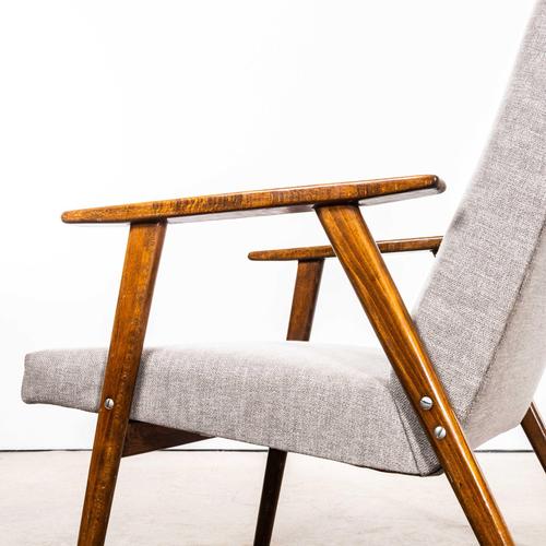 : 1950’s Mid Century Upholstered Armchairs with Straight Arms and Top Caps In Grey Brushed Cotton. Sourced in Scandinavia...