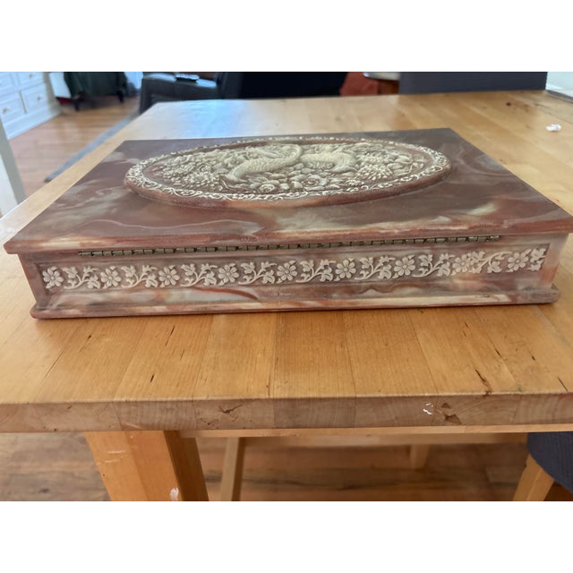 Stone Vintage Large Pink and White Incolay Jewelry Box With High Relief Carved Pheasants and Florals For Sale - Image 7 of 9
