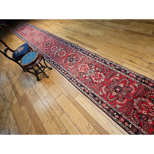 1900 - 1909 Vintage Persian Sarouk Lilian Runner Rug, Hand-Knotted Wool, Floral Design, Red & Pink, 3x25 For Sale - Image 5 of 17