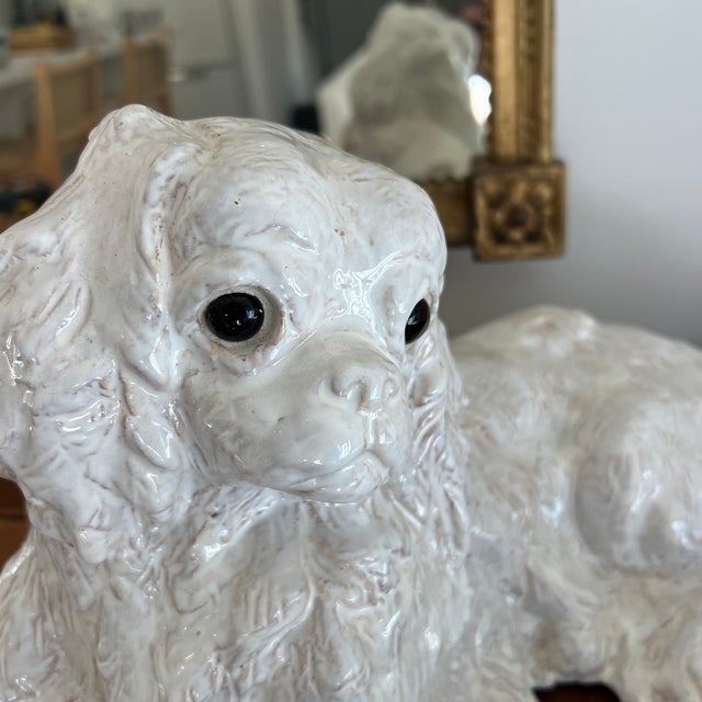 Antique French Faience Normandy Terracotta White Bavent Spaniel Dog For Sale In Providence - Image 6 of 11