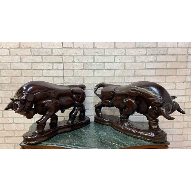Mid 20th Century Vintage Spanish Carved Charging Bull Statue - Pair For Sale - Image 5 of 11