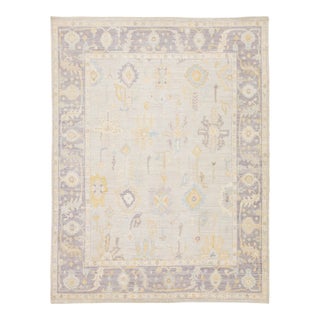 Hand-Knotted Modern Oushak Style Wool Area Rug Muted Silver, Lavender, and Gold For Sale