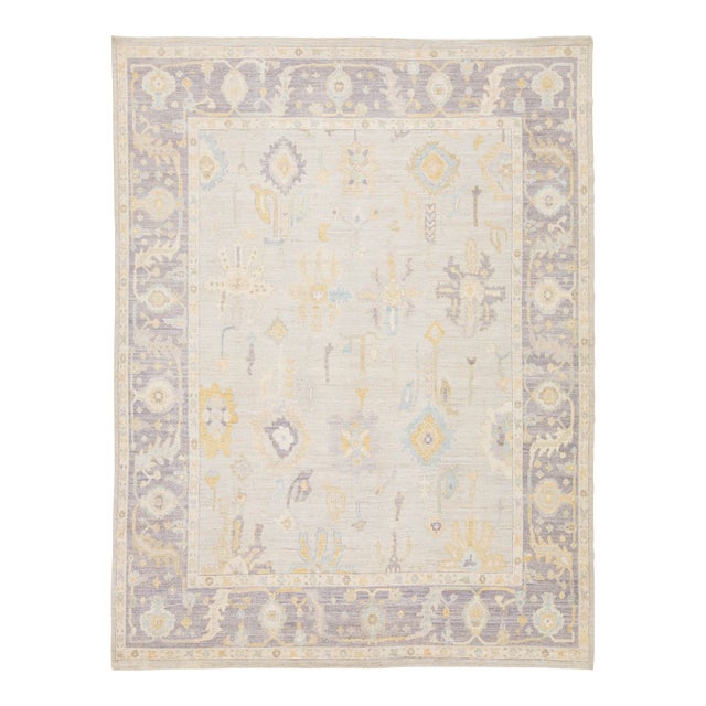 Hand-Knotted Modern Oushak Style Wool Area Rug Muted Silver, Lavender, and Gold For Sale