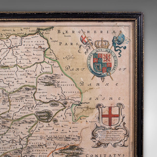 Antique Wiltshire County Map, Dutch, Framed Cartography, Latin, Blaeu, c.1650 For Sale - Image 6 of 12