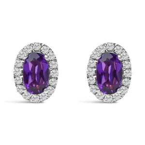 10K White Gold 5x3 MM Oval Purple Amethyst and Diamond Halo Stud Earrings (I-J Color, I1-I2 Clarity)