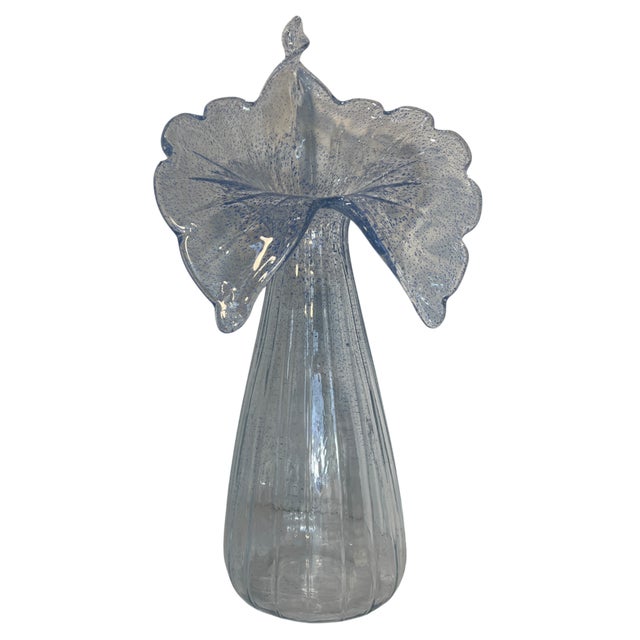 21 In. Tall Art Glass Clear Fluted Confetti Blue Speckled Flower Shaped Vase For Sale - Image 11 of 17