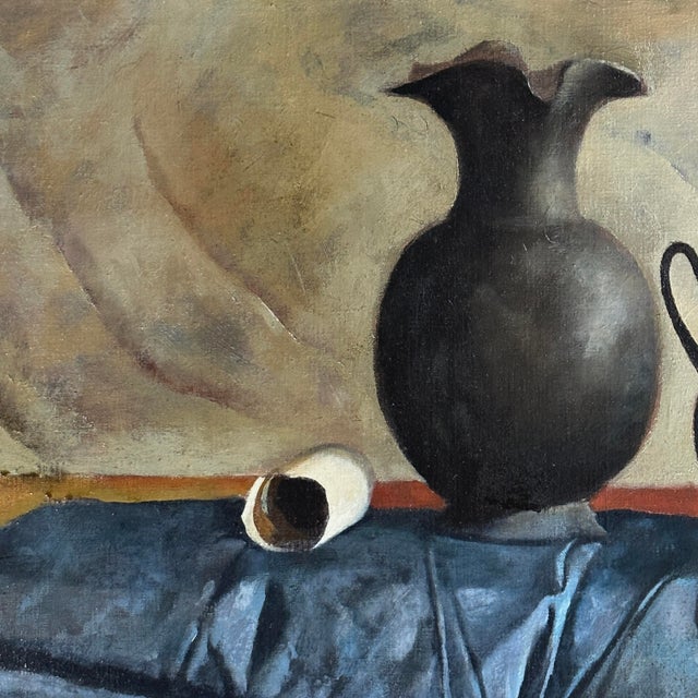 Vintage Realist Still Life with Vase and Pottery by Auseklis Ozols, Signed (1969, Oil on Canvas). Old master style realist...