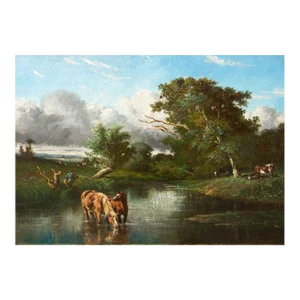 French Barbizon Pastoral Landscape Painting of Horses by Jules Dupré