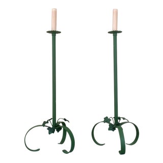 Green Wrought Iron Table Buffet Lamps - A Pair For Sale