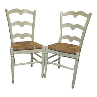 1980s Antique French Country Whitewash Dining Chair Shabby Chic Woven Rush Seat - Set of 2 For Sale
