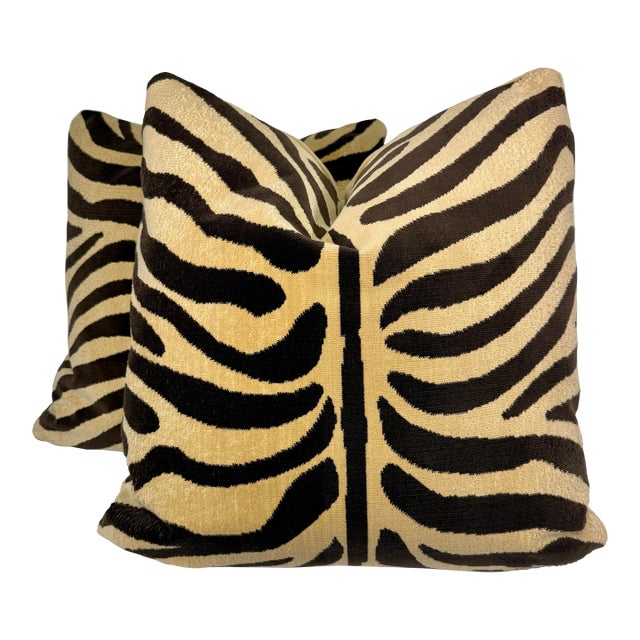 Schumacher "Ze'bre Epingle" in Brown/Beige 22" Pillows-a Pair For Sale