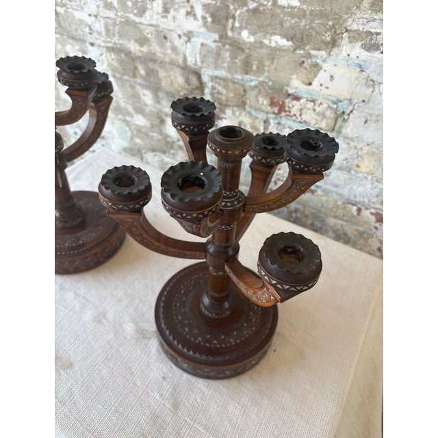 1980s Antique Eastlake Carved Wood Candelabras – Pair For Sale - Image 5 of 9