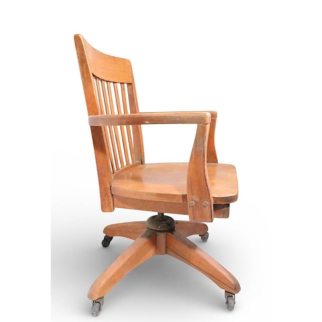 American Antique Bank of England Jury Style Adjustable Swivel Oak Desk Chair C. 1920/40's For Sale - Image 3 of 7