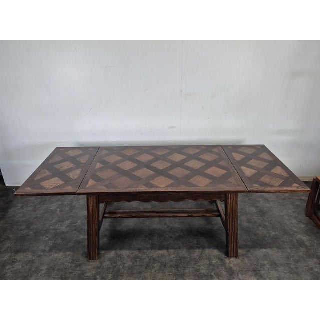 Extendable Monastery Table in Oak with Versailles Parquet Top, in Very Good conditions.