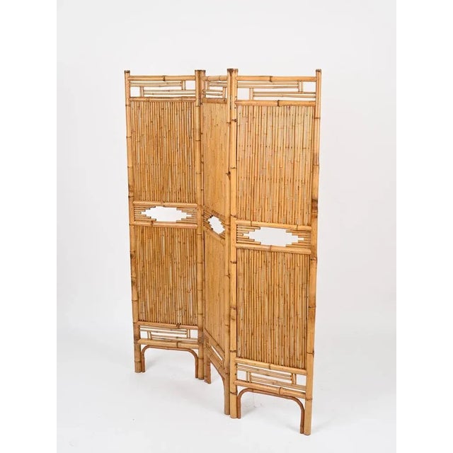 French Riviera Rattan and Bamboo 3-Panel Folding Screen, Italy, 1960 For Sale - Image 3 of 12