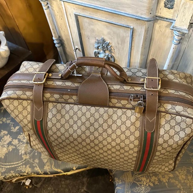 1970s Iconic Gucci Gg Monogram Canvas and Web Stripes Suitcase For Sale - Image 13 of 16