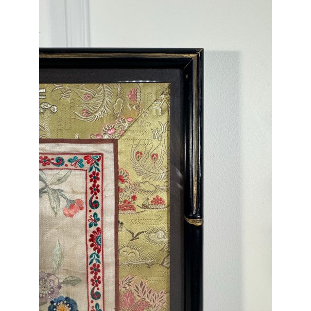 Asian Chinoiserie Framed Faux Bamboo Embroidery Silk Textile Art For Sale - Image 4 of 12