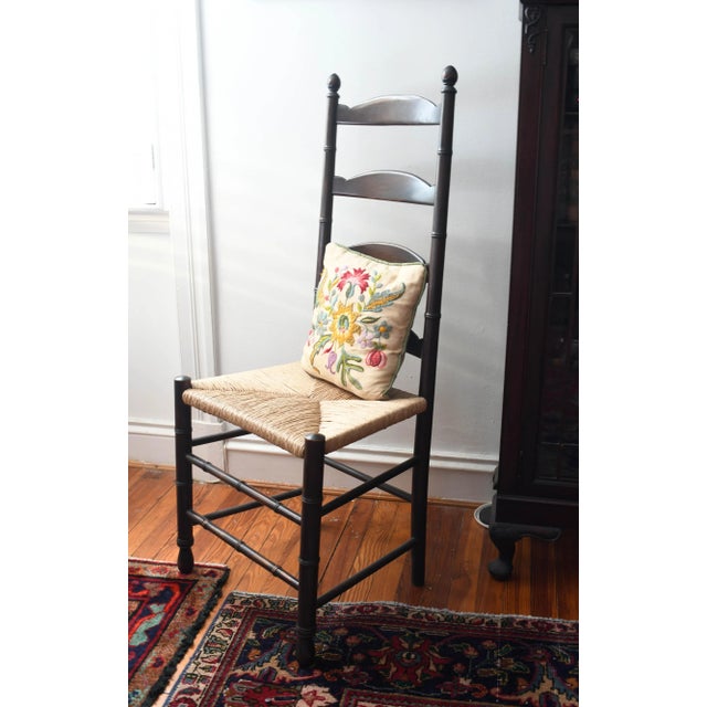 Nice and unique English oak (stained dark brown) ladder back chair with a newly re-thrushed seat and gorgeous faux bamboo...