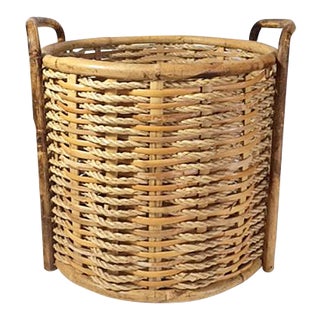 1970s Boho Chic Rattan Jute & Wicker Floor Basket For Sale