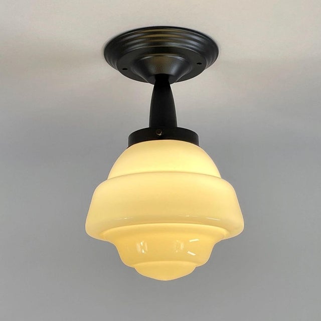 Art Deco Flush Mount in Burnished Brass and Cream Opaline Glass, 1940s For Sale - Image 3 of 14