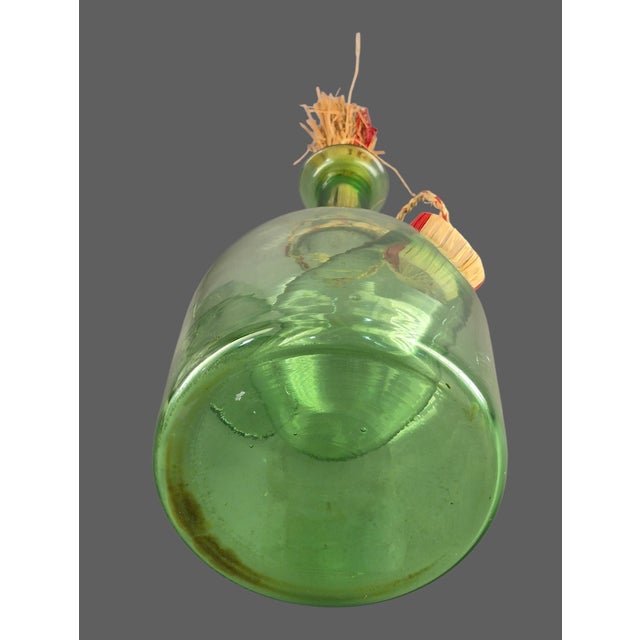 Green Vintage Hand Blown Italian Green Glass Wine Decanter Ice Chamber Raffia Stopper For Sale - Image 8 of 9