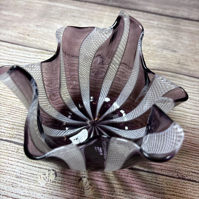 Beautiful Murano hand-blown art glass handkerchief vase featuring rich amethyst purple glass accented with delicate white...