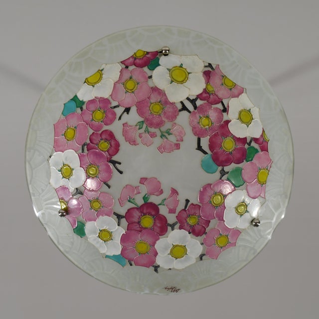 Metal Loys Lucha French Art Deco Pendant Light 1930s - Enameled Pink Floral Bowl For Sale - Image 7 of 13