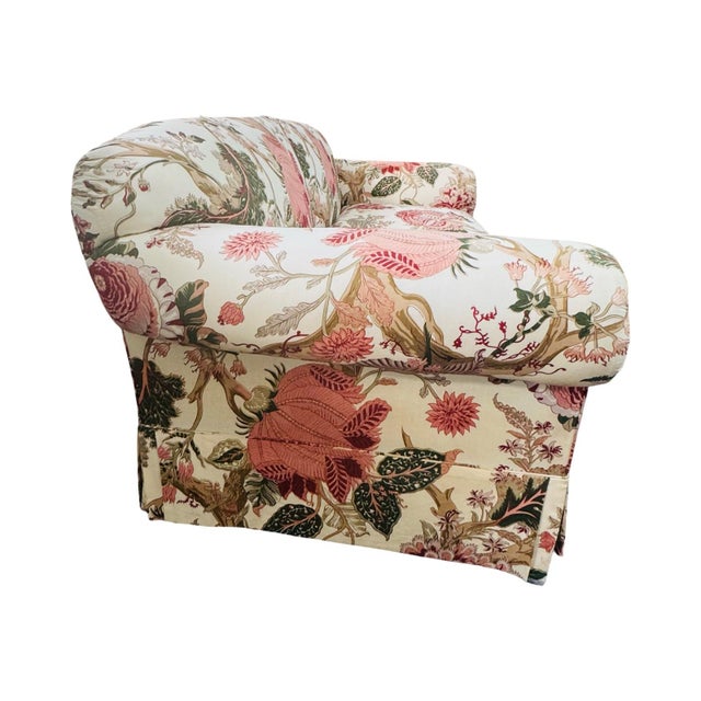 Charming and perfectly scaled vintage sofa upholstered in a classic Tree of Life floral botanical fabric. This piece...
