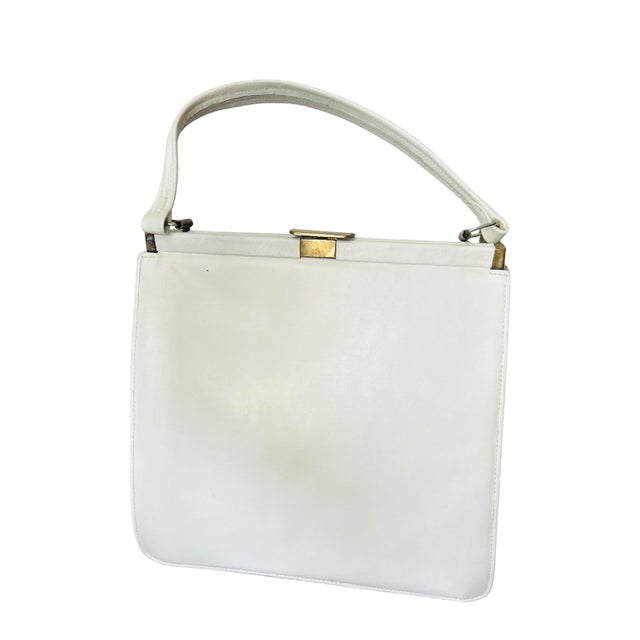 Vintage 1950s–1960s White Structured Frame Handbag | Mid-Century Top Handle Purse with Brass Clasp | Classic Retro Box Bag...