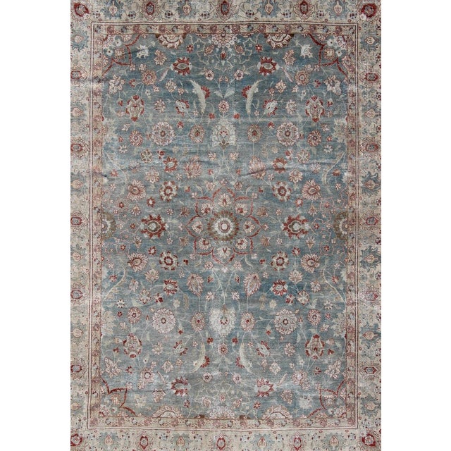 Textile Antique Persian Tabriz Rug With Allover Floral Pattern in Soft Blue, Cream & Red 9' X 12'5. For Sale - Image 7 of 14