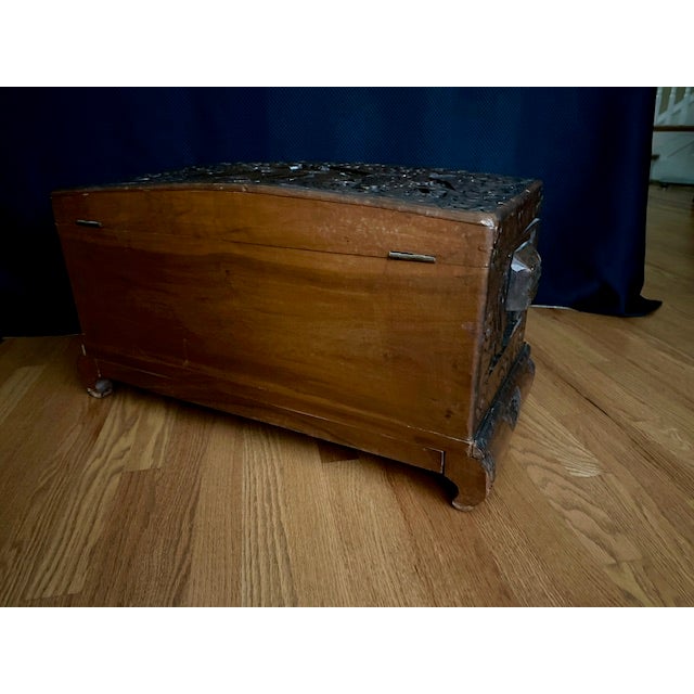 Vintage Medium Asian Hand-Carved Camphor Wood Chest With Brass Hardware For Sale - Image 4 of 15