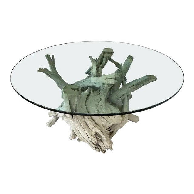 Mid-Century Modern Driftwood Center Table Round Glass Top For Sale