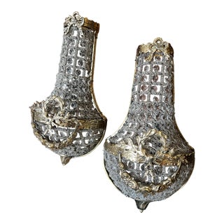 1970s Small Gold French Basket Crystal Sconces - a Pair For Sale