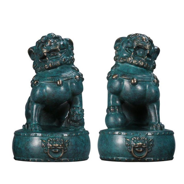 Pair of Vintage Bronze Guardian Lions – "Oriental Awakening Lions" With Flamed Patina For Sale - Image 4 of 8
