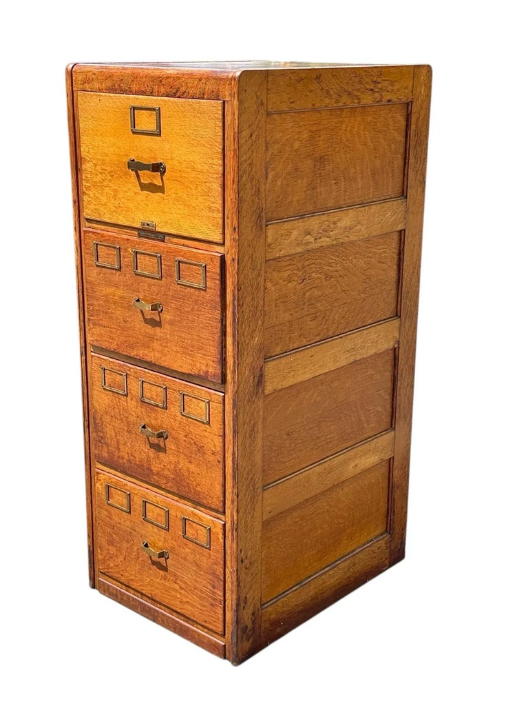 Antique Arts & Crafts Tiger Oak Four Drawer Office File Cabinet