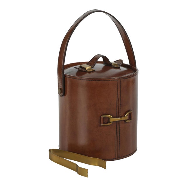 Chadwell Leather Ice Bucket with Gold Metal Ice Tong For Sale