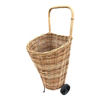 Rolling Pull Cart French Wicker Market Basket For Sale