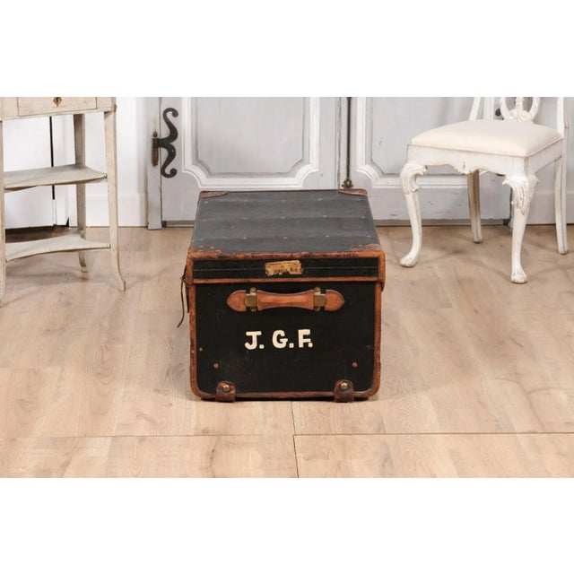 English Victorian Period 19th Century Black Traveling Trunk With Initials J.G.F. For Sale - Image 4 of 12