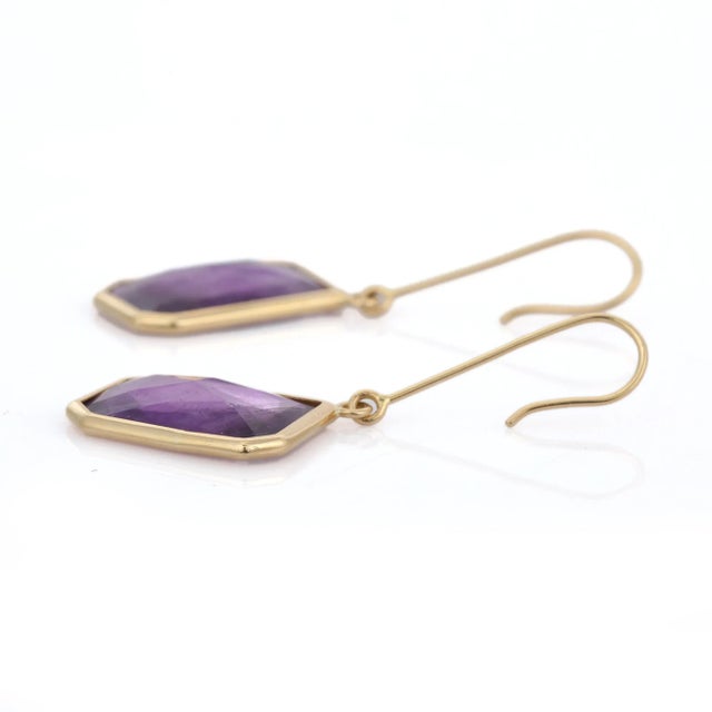 Art Deco 18k Solid Yellow Gold Octagon Cut Amethyst Dangle Earrings - 2 Pieces For Sale - Image 3 of 8