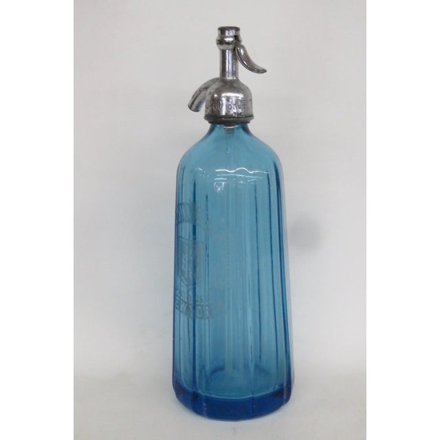 Metal Larocco Bros Blue Glass Seltzer Bottle 26 Oz Middletown Ny Made in Czech 4822b For Sale - Image 7 of 18