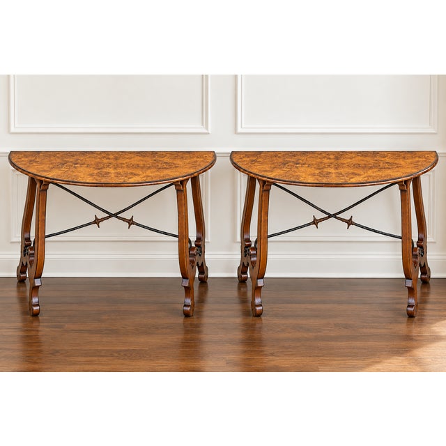 Italian Burl Walnut Demilune Console Tables With Iron Stretchers - Pair For Sale In Atlanta - Image 6 of 8