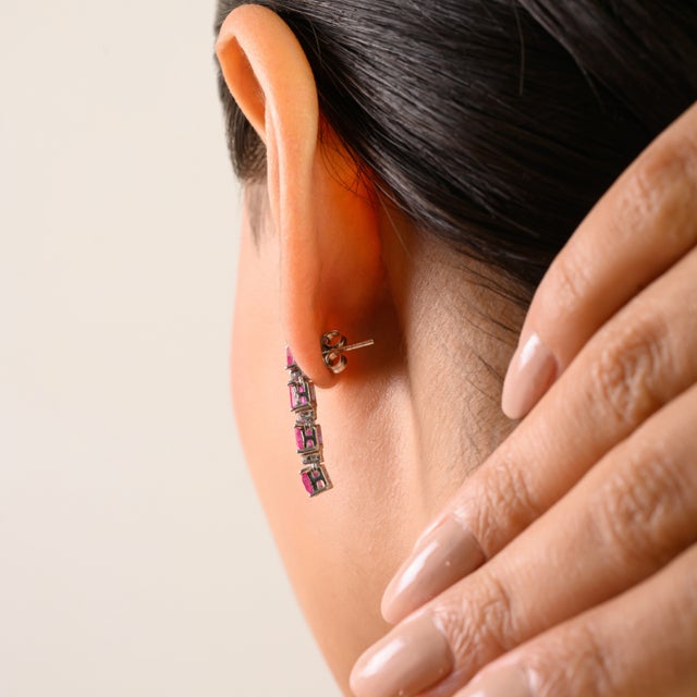 Metal Modernist Sterling Silver Ruby & Diamond Line Earrings With Emerald-Cut Stones- A Pair For Sale - Image 7 of 10