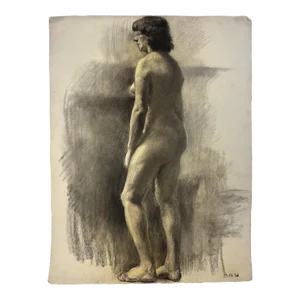 Antique 1930s Realist French Female Nude Figural Charcoal Study on Wove Paper